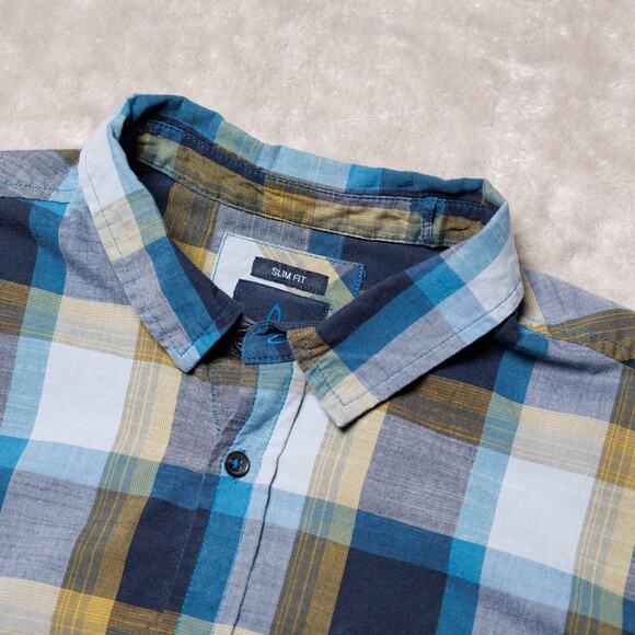 Prana Benton Blue Yellow Plaid Slim Fit Short Sleeve Button Down Shirt Mens L - Picture 4 of 13